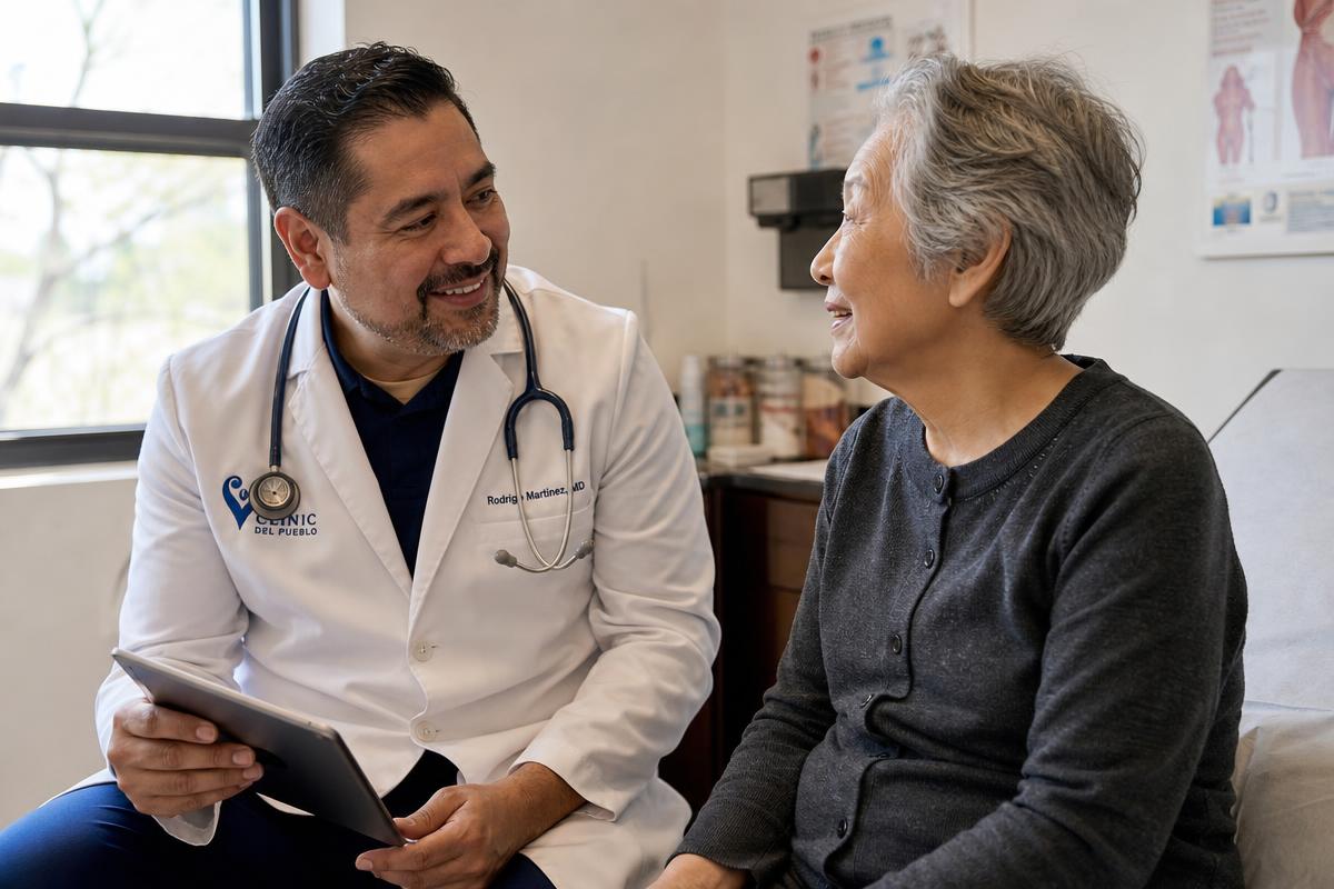 A clinician and patient in warm conversation in a bright consultation room
